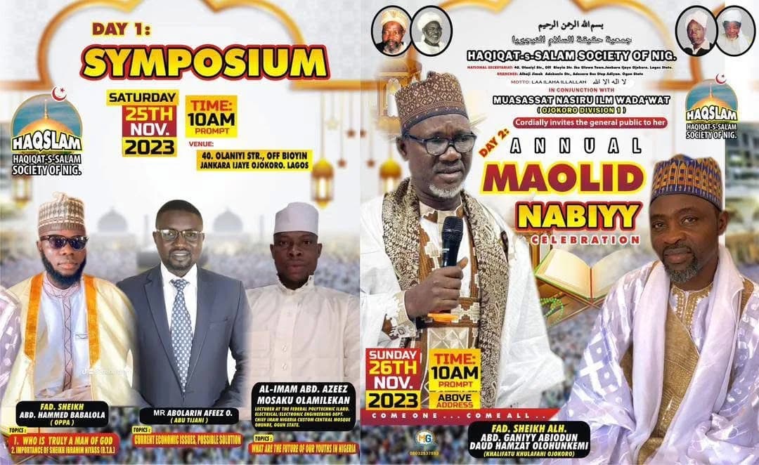 Official flyer for the 2023 HAQSLAM symposium and Annual Maolid Nabiyy celebration, with speaker portraits