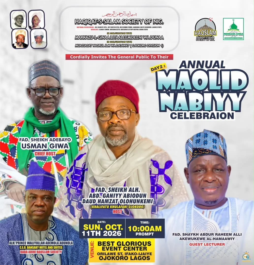 Official flyer for the 2026 Annual Maolid Nabiyy celebration, with portraits of the host, chief host, guest lecturer and other dignitaries